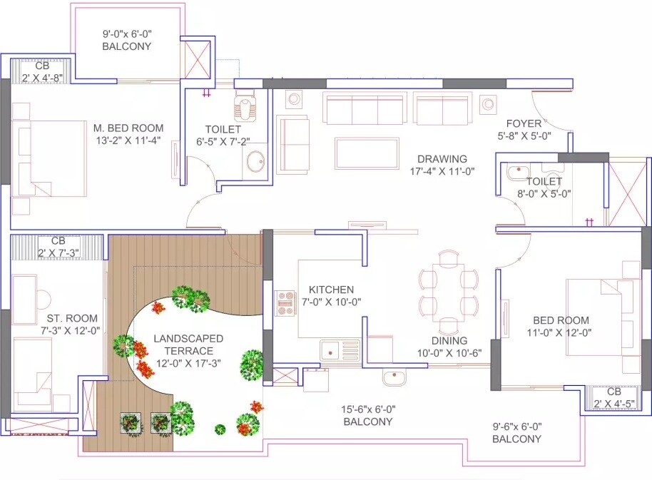 Floor plan of 2 BHK 1402 Sq. Ft. Apartment in Omega Windsor Greens, Lucknow