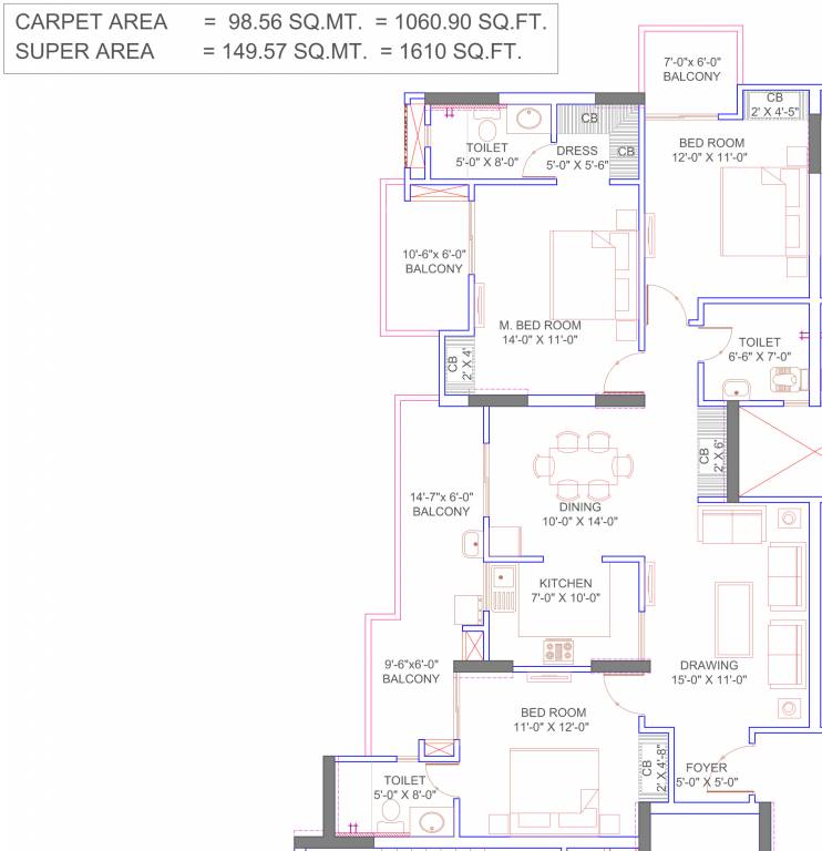 Floor plan of 3 BHK 1610 Sq. Ft. Apartment in Omega Windsor Greens, Lucknow