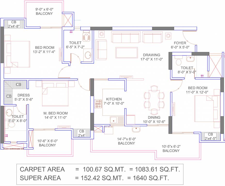Floor plan of 3 BHK 1640 Sq. Ft. Apartment in Omega Windsor Greens, Lucknow