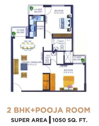 Floor plan of 2 BHK 1050 Sq. Ft. Apartment in One Place The Kailasa, Lucknow