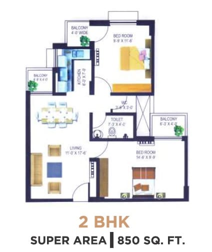 Floor plan of 2 BHK 850 Sq. Ft. Apartment in One Place The Kailasa, Lucknow