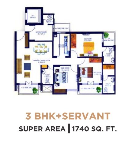 Floor plan of 3 BHK 1740 Sq. Ft. Apartment in One Place The Kailasa, Lucknow