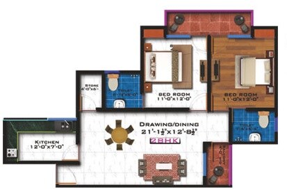 Floor plan of 2 BHK 1150 Sq. Ft. Apartment in Onella Sai Kohinoor, Lucknow