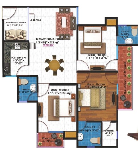 Floor plan of 3 BHK 1535 Sq. Ft. Apartment in Onella Sai Kohinoor, Lucknow