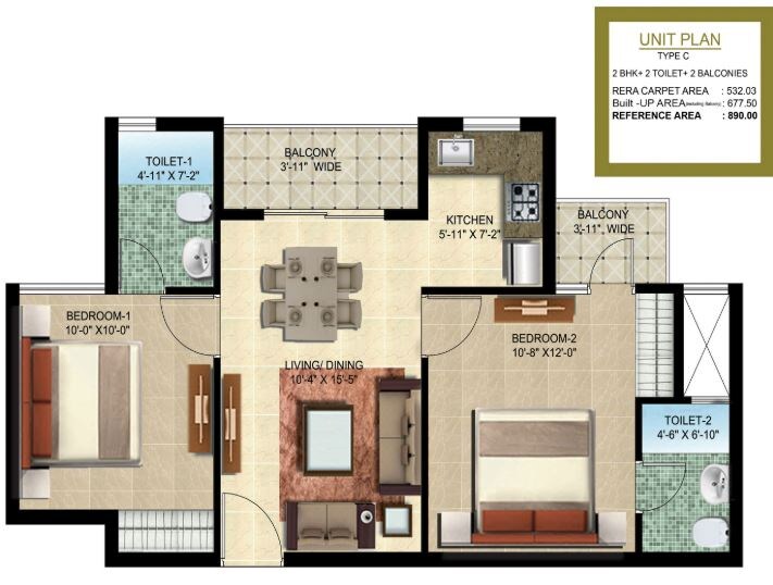Floor plan of 2 BHK Apartment - 532 sq. ft. in Oro Element, Lucknow