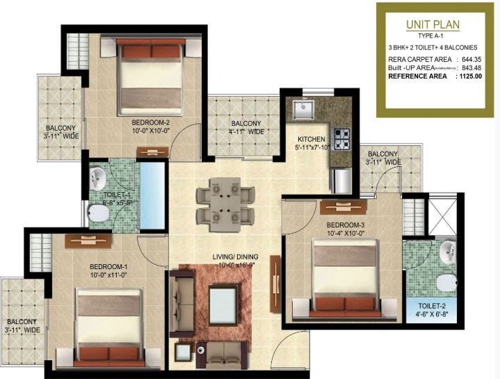 Floor plan of 3 BHK Apartment - 644 sq. ft. in Oro Element, Lucknow
