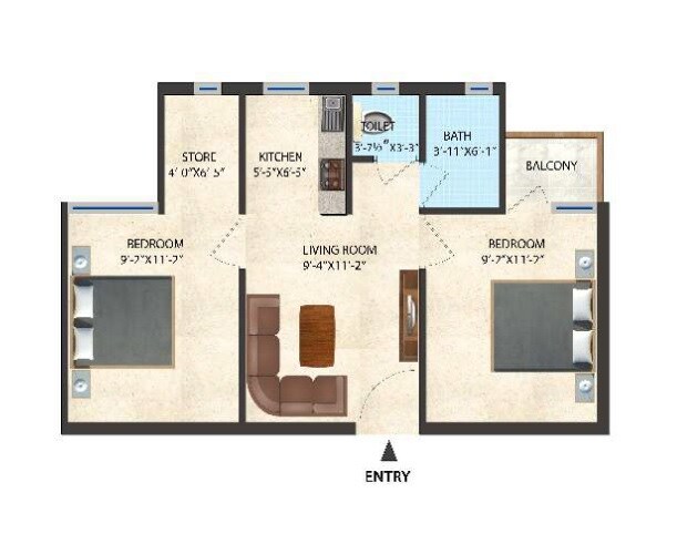 Floor plan of 2 BHK 411 Sq. Ft. Apartment in Oro Utsav, Lucknow
