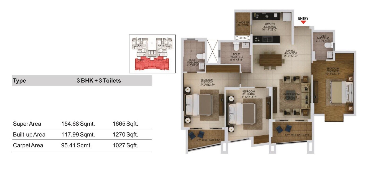 Floor plan of 3 BHK 1665 Sq. Ft. Apartment in Paarth Arka, Lucknow