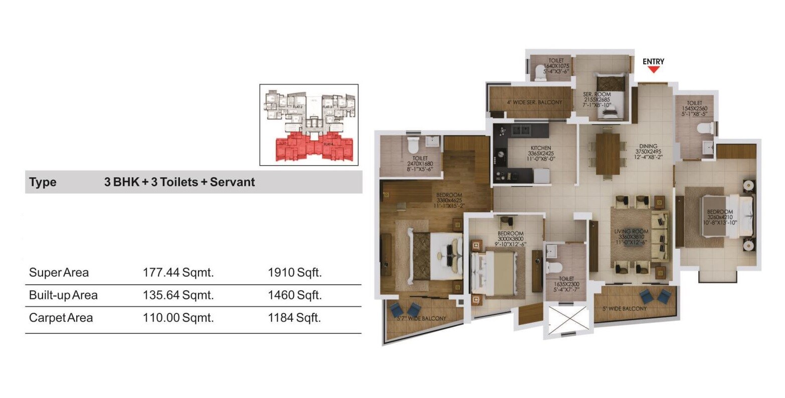 Floor plan of 3 BHK 1910 Sq. Ft. Apartment in Paarth Arka, Lucknow