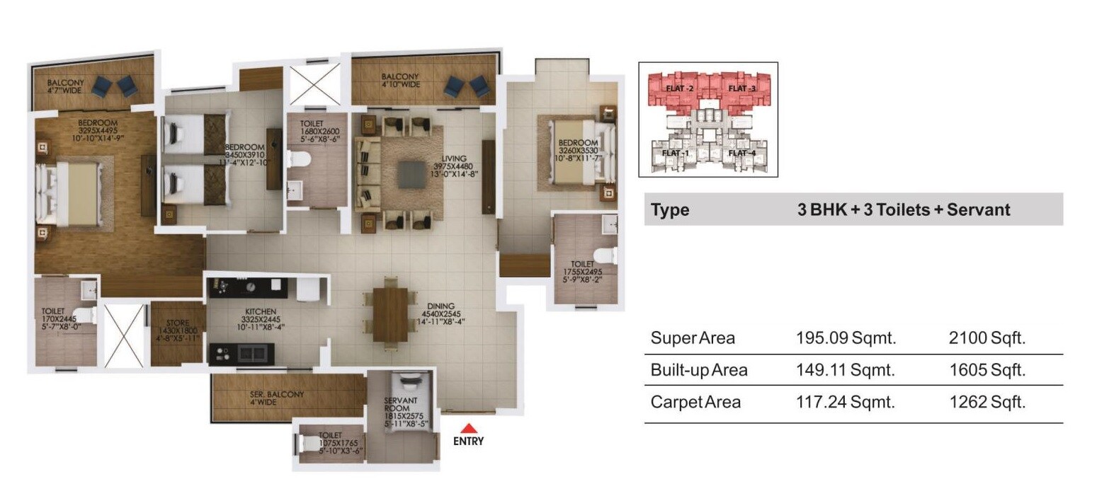Floor plan of 3 BHK 2100 Sq. Ft. Apartment in Paarth Arka, Lucknow