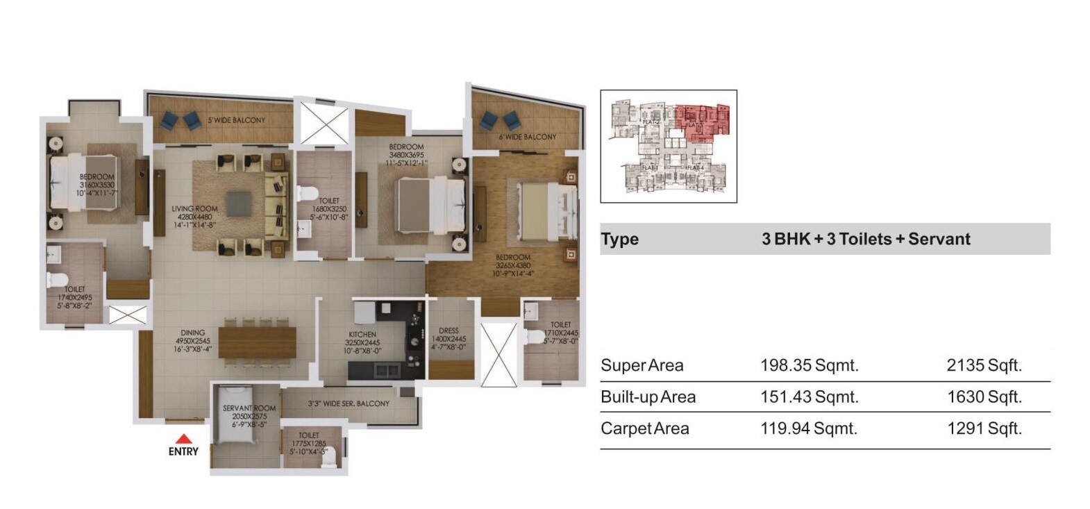Floor plan of 3 BHK 2135 Sq. Ft. Apartment in Paarth Arka, Lucknow
