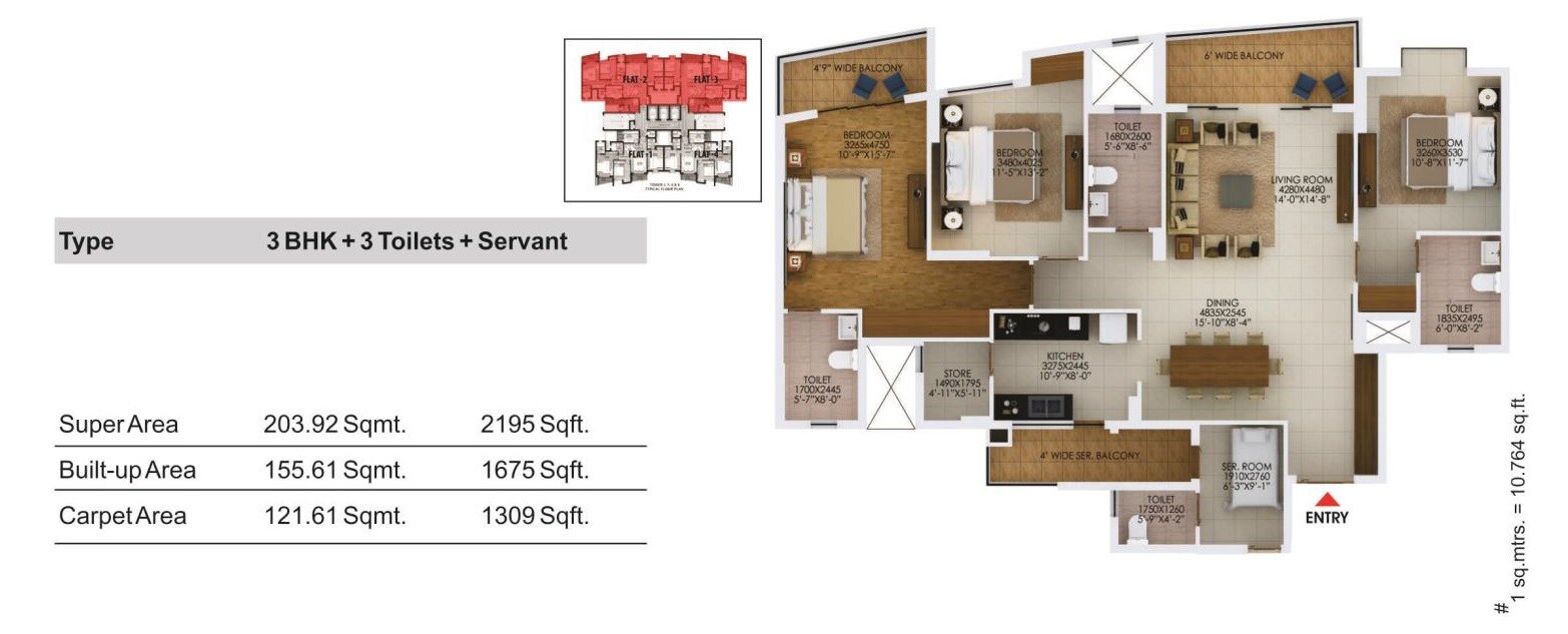 Floor plan of 3 BHK 2195 Sq. Ft. Apartment in Paarth Arka, Lucknow
