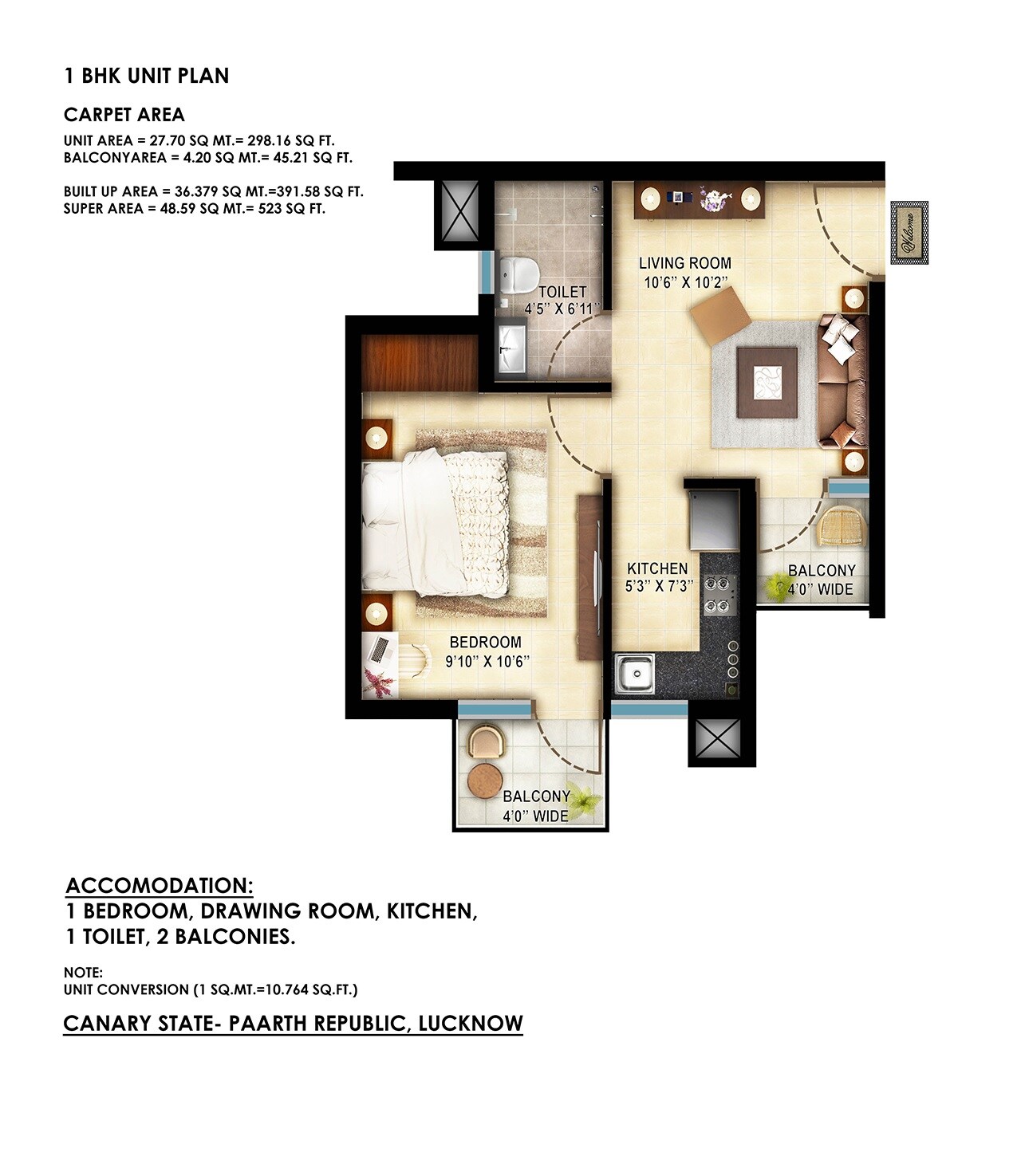 Floor plan of 1 BHK 298 Sq. Ft. Apartment in Paarth Canary State, Lucknow