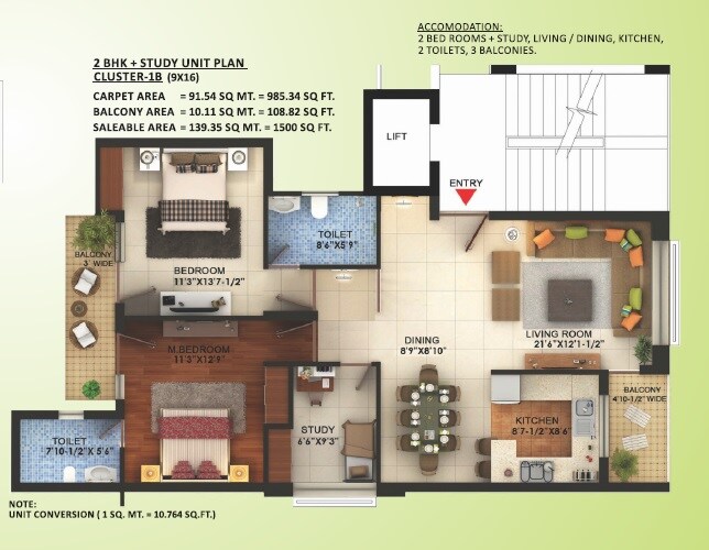 Floor plan of 2 BHK 1500 Sq. Ft. Apartment in Paarth Gardenia Residency, Lucknow
