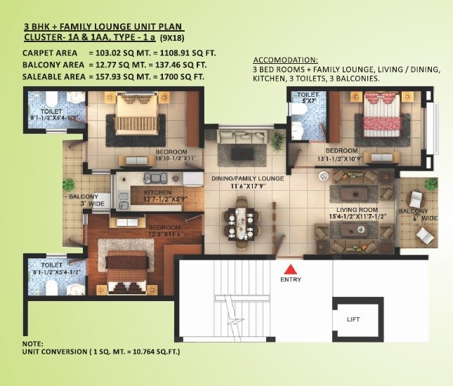 Floor plan of 3 BHK 1700 Sq. Ft. Apartment in Paarth Gardenia Residency, Lucknow