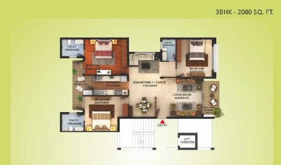 Floor plan of 3 BHK 2080 Sq. Ft. Apartment in Paarth Gardenia Residency, Lucknow