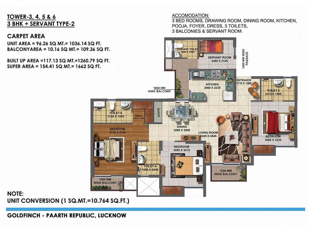 Floor plan of 3 BHK 1662 Sq. Ft. Apartment in Paarth Goldfinch State, Lucknow