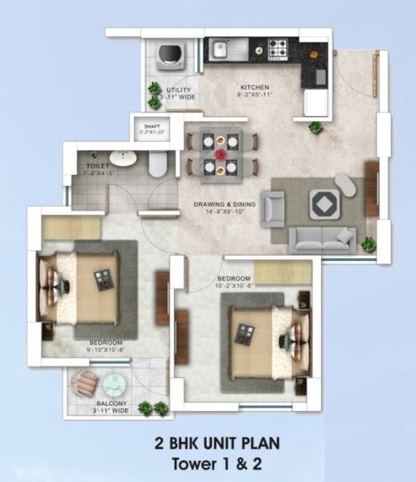 Floor plan of 2 BHK 805 Sq. Ft. Apartment in Paarth Humming Retreat, Lucknow