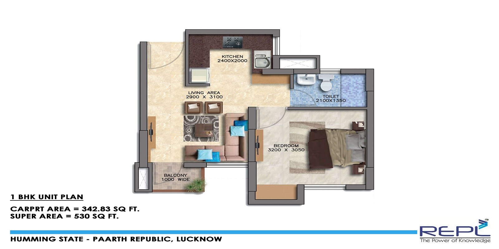 Floor plan of 1 BHK 530 Sq. Ft. Apartment in Paarth Humming State, Lucknow