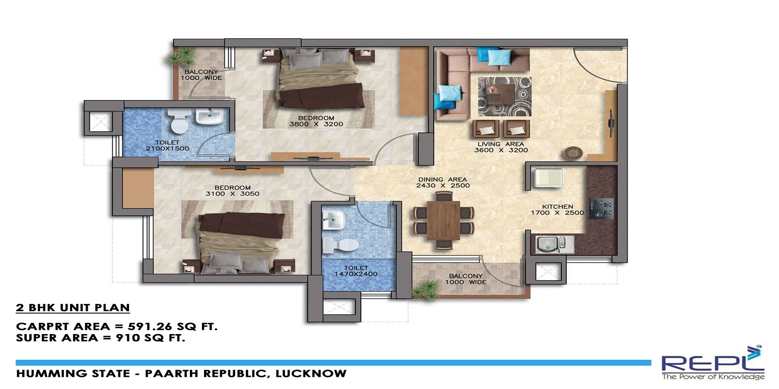 Floor plan of 2 BHK 910 Sq. Ft. Apartment in Paarth Humming State, Lucknow