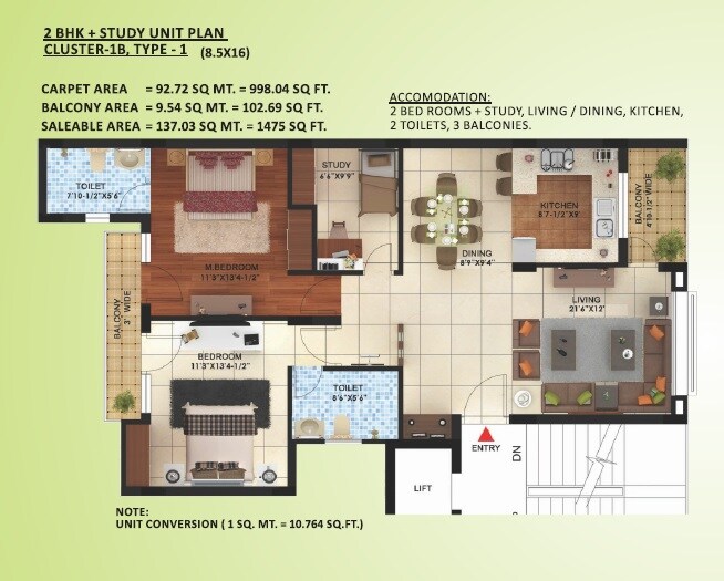 Floor plan of 2 BHK 1475 Sq. Ft. Apartment in Paarth Gardenia Residency, Lucknow