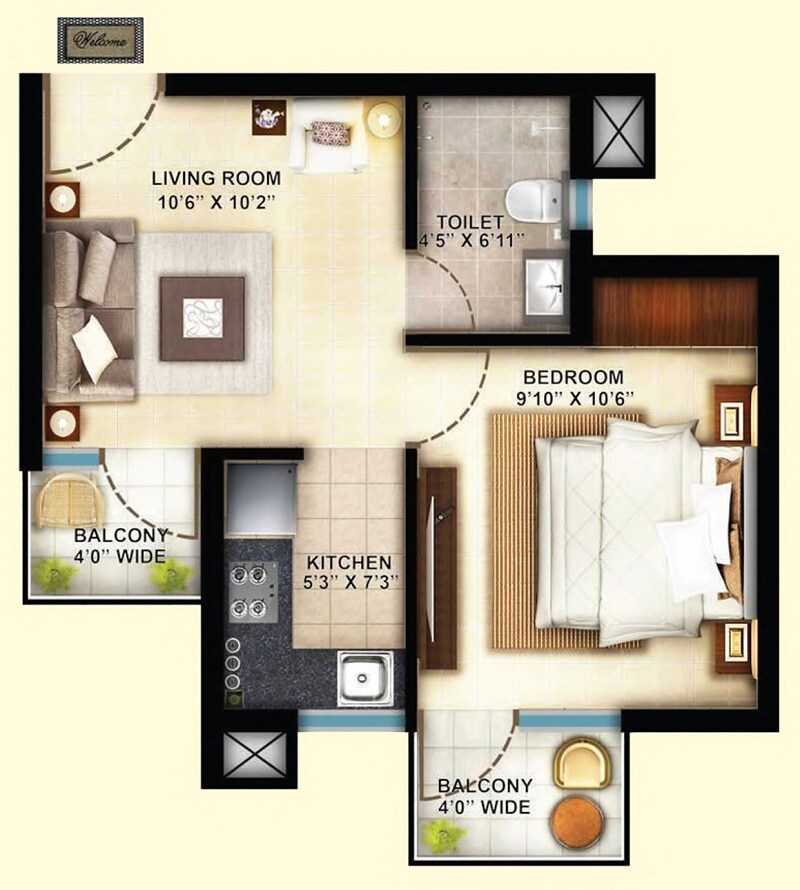 Floor plan of 1 BHK 523 Sq. Ft. Apartment in Paarth Republic Anmol, Lucknow