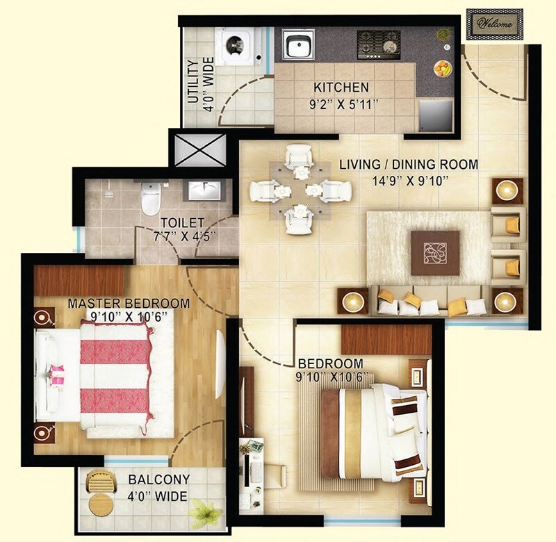 Floor plan of 2 BHK 789 Sq. Ft. Apartment in Paarth Republic Anmol, Lucknow