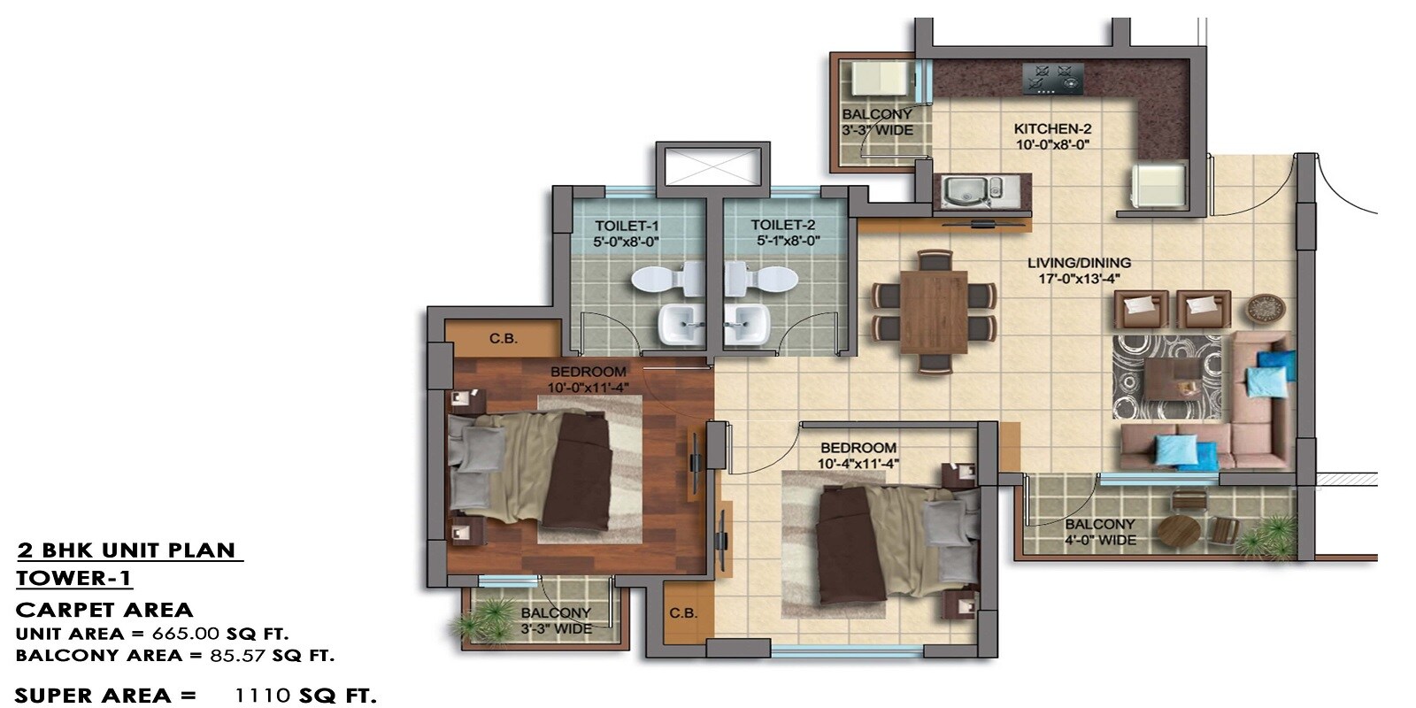 Floor plan of 2 BHK 1110 Sq. Ft. Apartment in Paarth Republic Carnation Tower, Lucknow