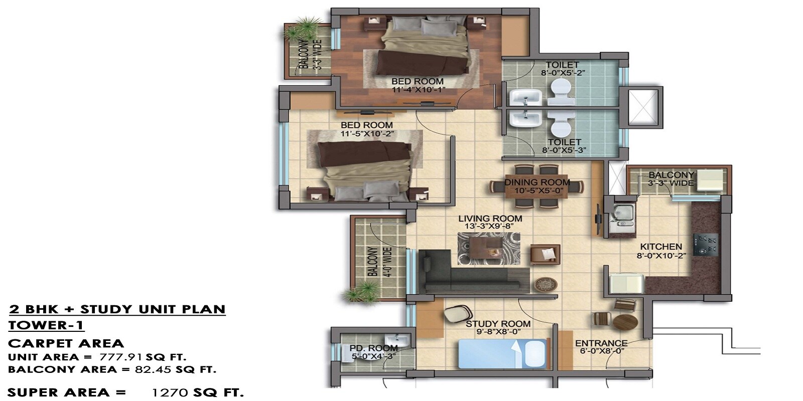 Floor plan of 2 BHK 1270 Sq. Ft. Apartment in Paarth Republic Carnation Tower, Lucknow