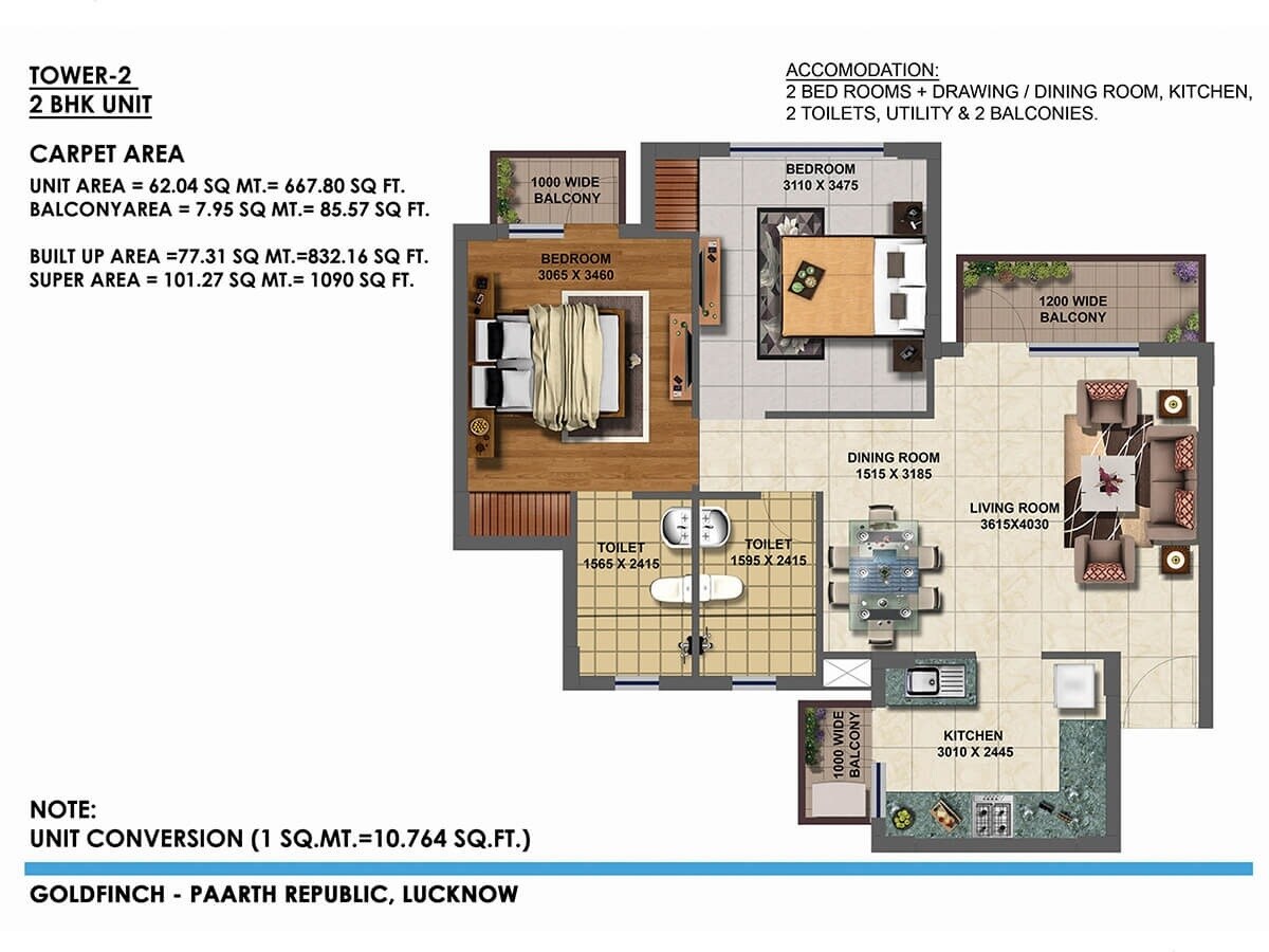Floor plan of 2 BHK 1090 Sq. Ft. Apartment in Paarth Republic Gold Finch State, Lucknow
