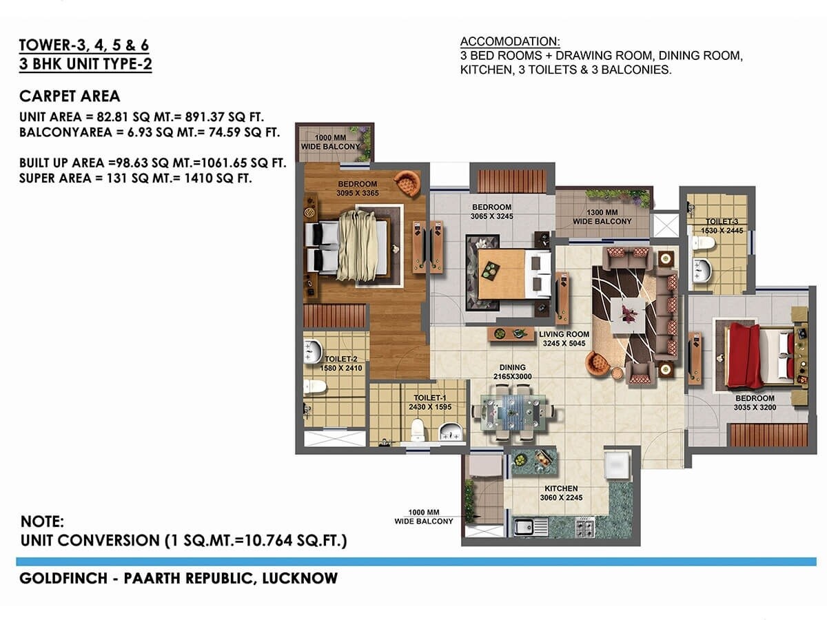 Floor plan of 3 BHK 1410 Sq. Ft. Apartment in Paarth Republic Gold Finch State, Lucknow