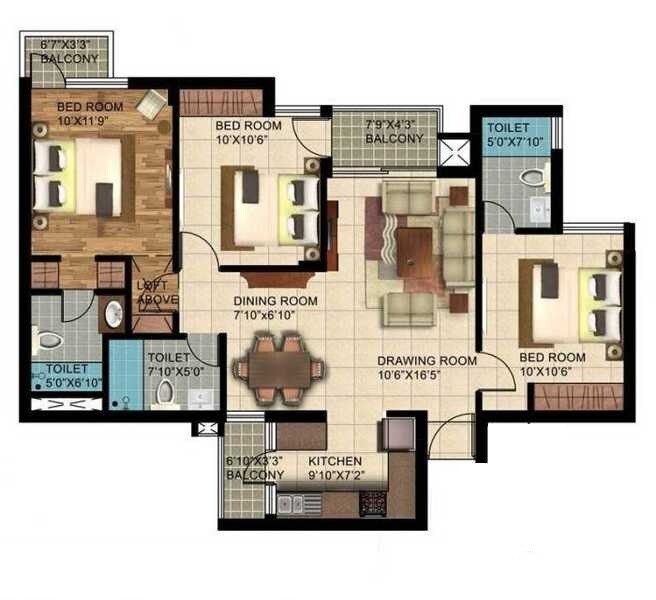 Floor plan of 3 BHK 1595 Sq. Ft. Apartment in Paarth Republic Gold Finch State, Lucknow