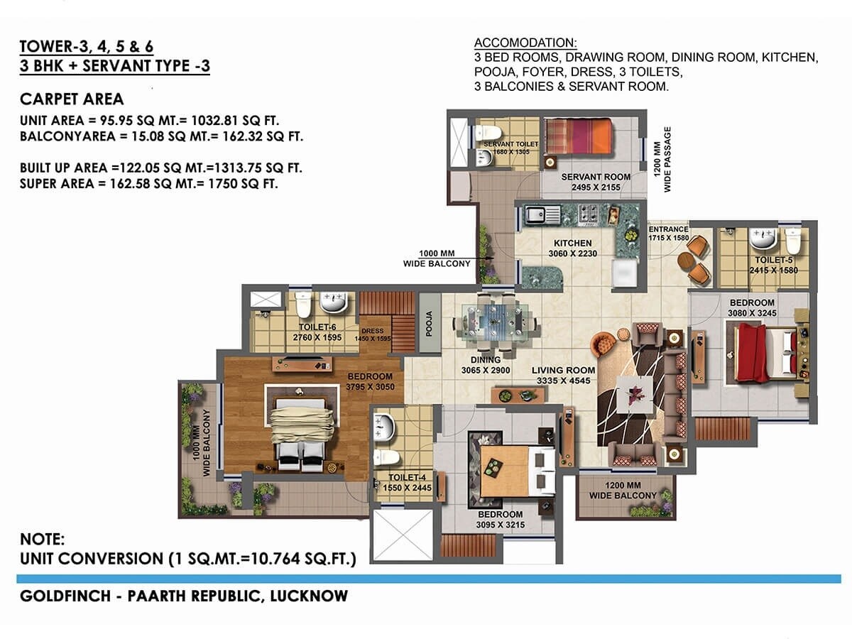 Floor plan of 3 BHK 1750 Sq. Ft. Apartment in Paarth Republic Gold Finch State, Lucknow