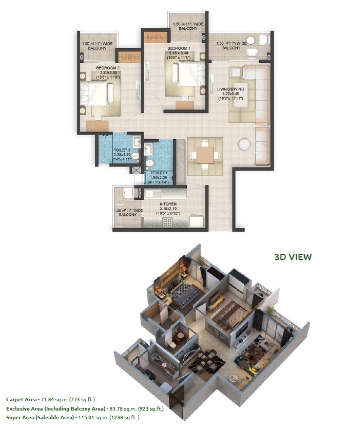 Floor plan of 2 BHK 1238 Sq. Ft. Apartment in Pardos Okas Residency, Lucknow