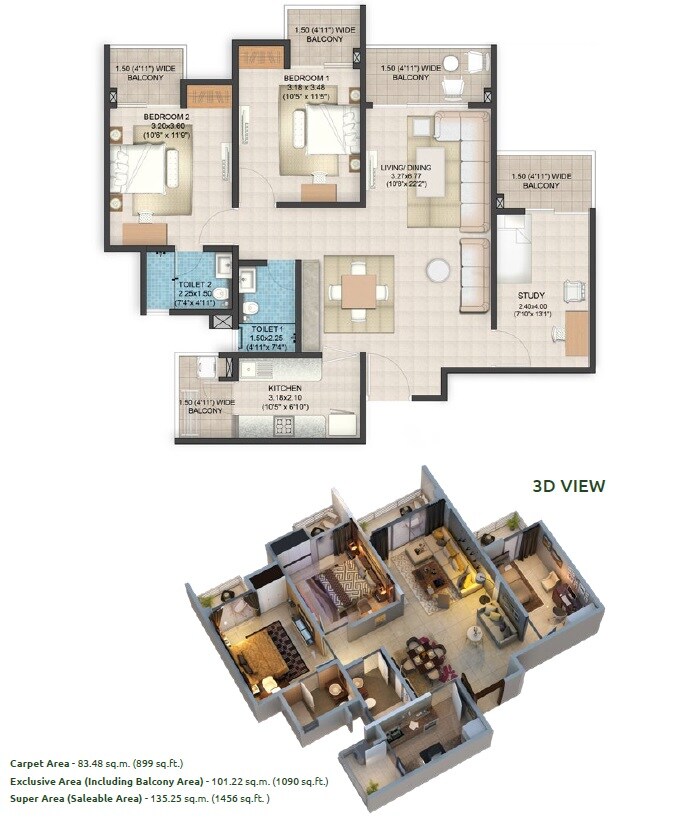 Floor plan of 2 BHK 1456 Sq. Ft. Apartment in Pardos Okas Residency, Lucknow