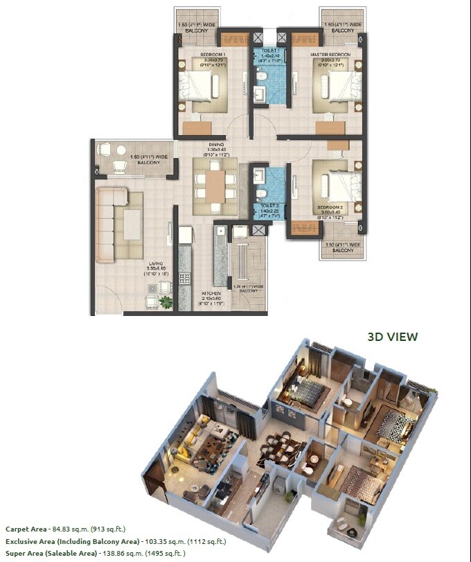Floor plan of 3 BHK 1495 Sq. Ft. Apartment in Pardos Okas Residency, Lucknow