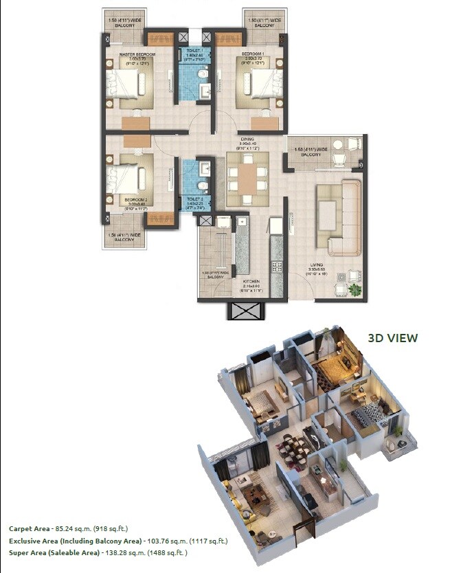 Floor plan of 3 BHK 1488 Sq. Ft. Apartment in Pardos Okas Residency, Lucknow