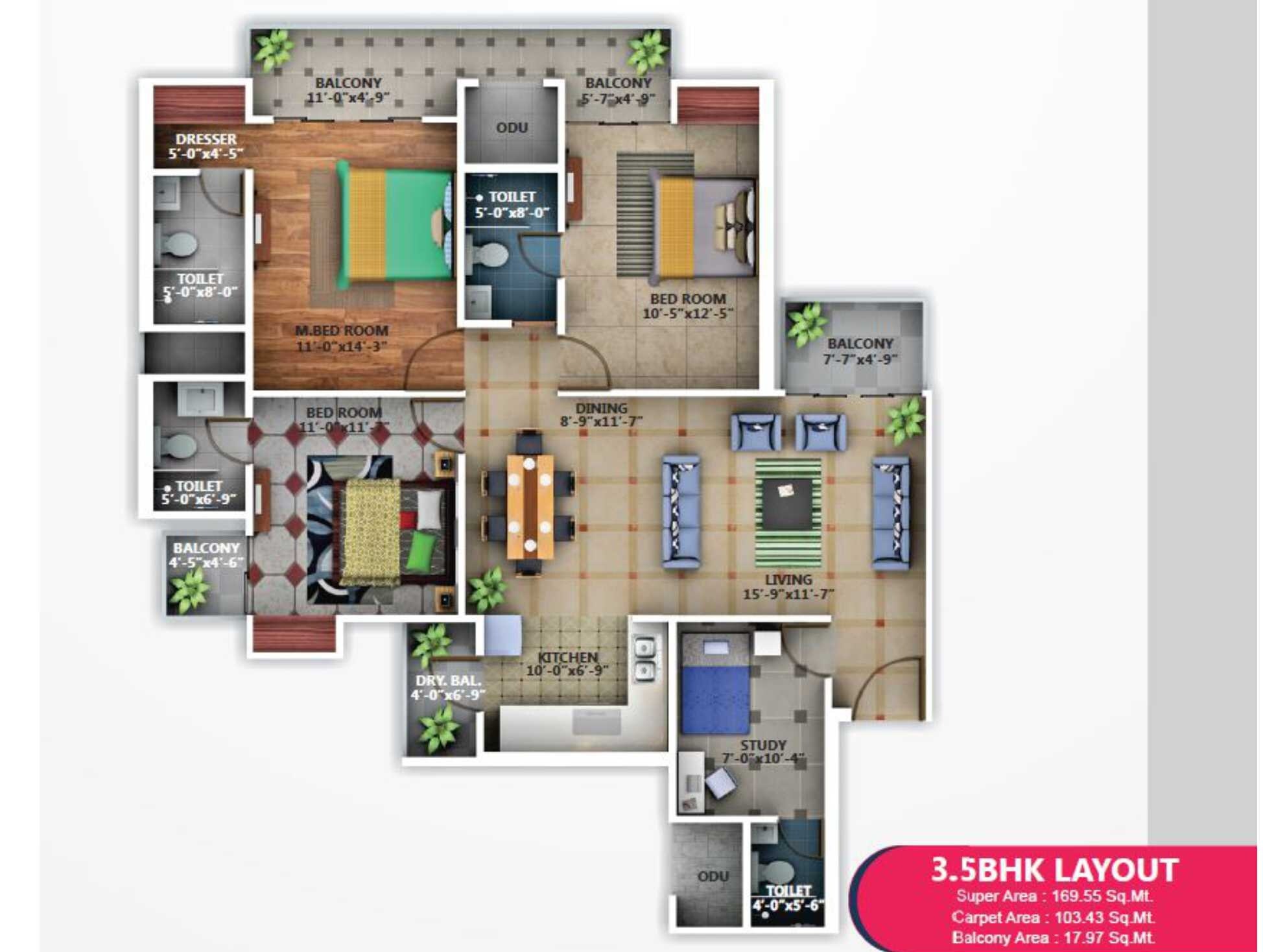Floor plan of 3 BHK Apartment - 1113 sq. ft. in Pratham Apartment, Lucknow