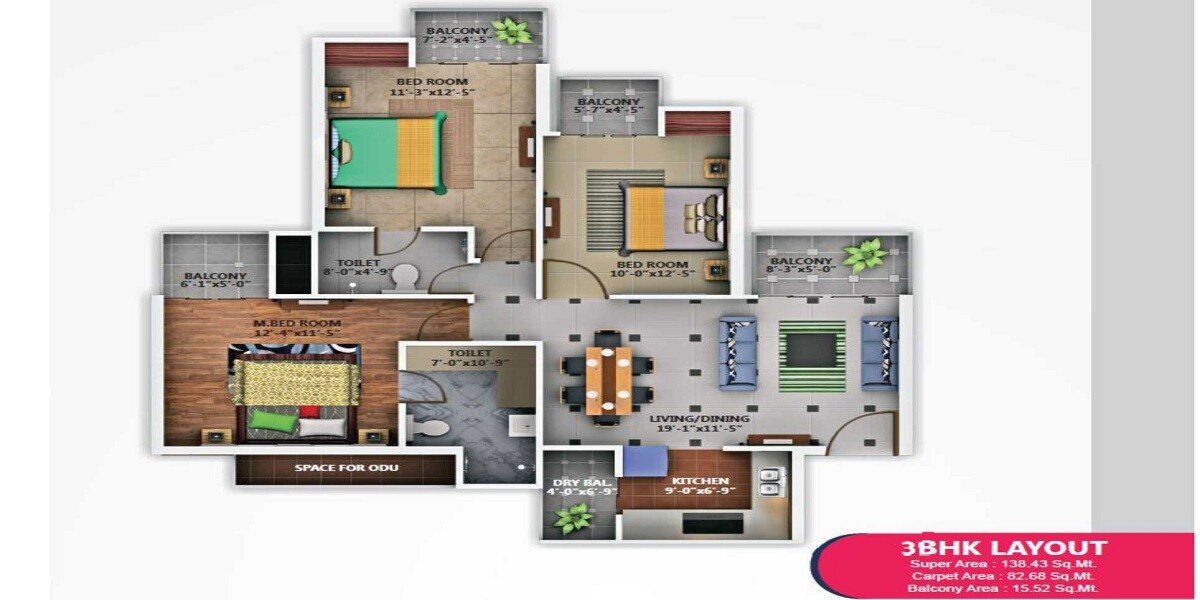 Floor plan of 3 BHK Apartment - 889 sq. ft. in Pratham Apartment, Lucknow