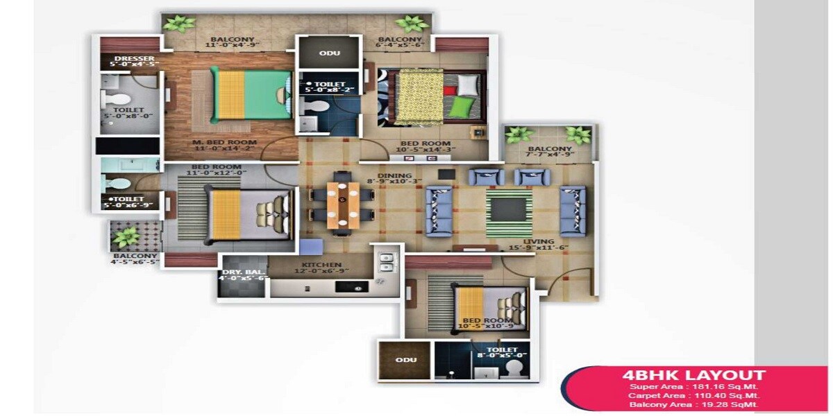 Floor plan of 4 BHK Apartment - 1188 sq. ft. in Pratham Apartment, Lucknow