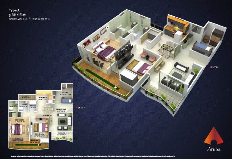 Floor plan of 3 BHK 1476 Sq. Ft. Apartment in Proplarity Aruba, Lucknow