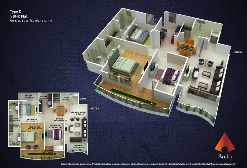 Floor plan of 3 BHK 1773 Sq. Ft. Apartment in Proplarity Aruba, Lucknow