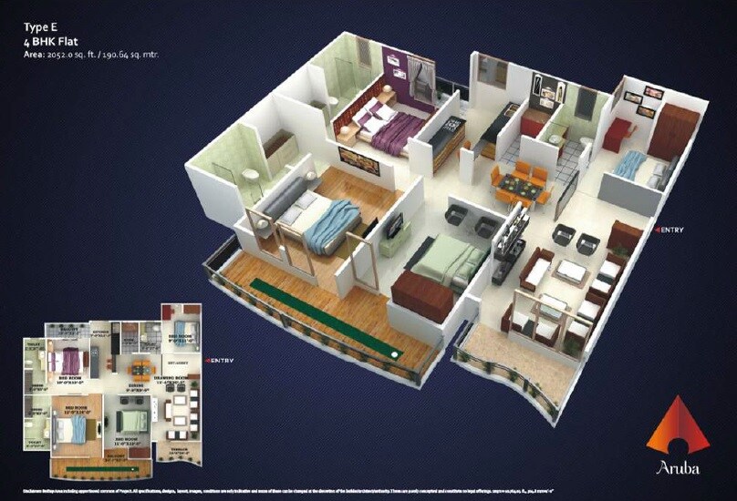 Floor plan of 4 BHK 2052 Sq. Ft. Apartment in Proplarity Aruba, Lucknow