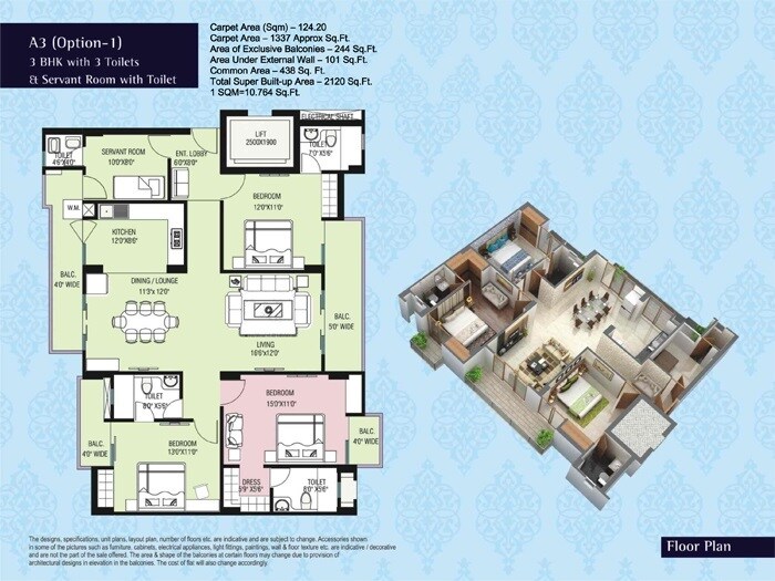Floor plan of 3 BHK 2105 Sq. Ft. Apartment in Purvanchal Kings Court, Lucknow