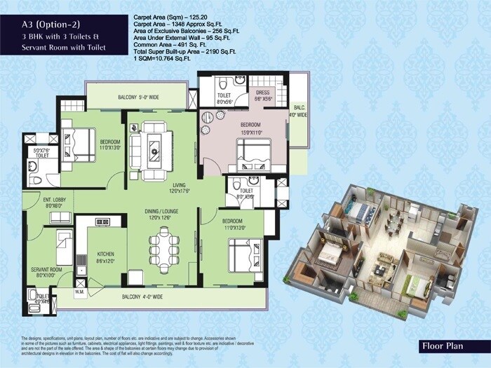 Floor plan of 3 BHK 2190 Sq. Ft. Apartment in Purvanchal Kings Court, Lucknow