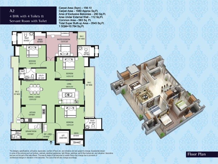 Floor plan of 4 BHK 2645 Sq. Ft. Apartment in Purvanchal Kings Court, Lucknow