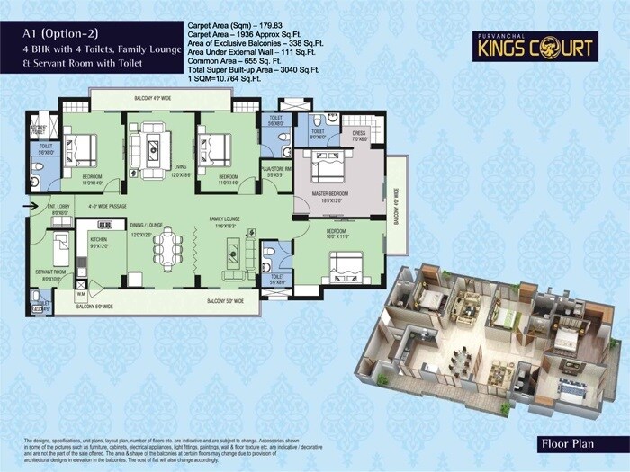 Floor plan of 4 BHK 3040 Sq. Ft. Apartment in Purvanchal Kings Court, Lucknow