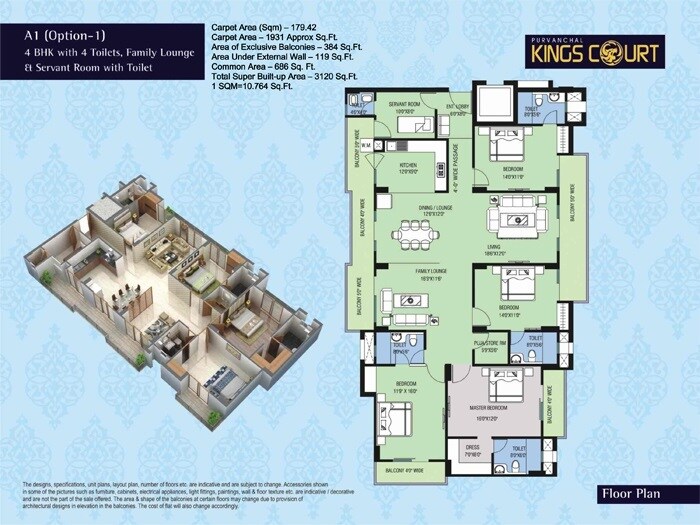 Floor plan of 4 BHK 3120 Sq. Ft. Apartment in Purvanchal Kings Court, Lucknow