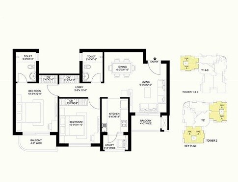 Floor plan of 2 BHK 1095 Sq. Ft. Apartment in Radhey Krishna Casa Green Exotica, Lucknow