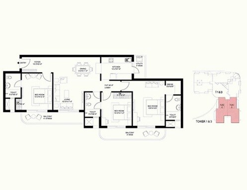 Floor plan of 3 BHK 1695 Sq. Ft. Apartment in Radhey Krishna Casa Green Exotica, Lucknow